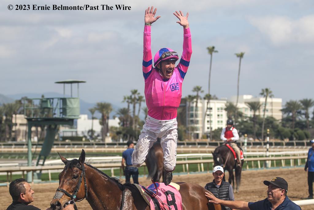 Frankie Dettori's famous flying dismount at Santa Anita, Ernie Belmonte, Past the Wire