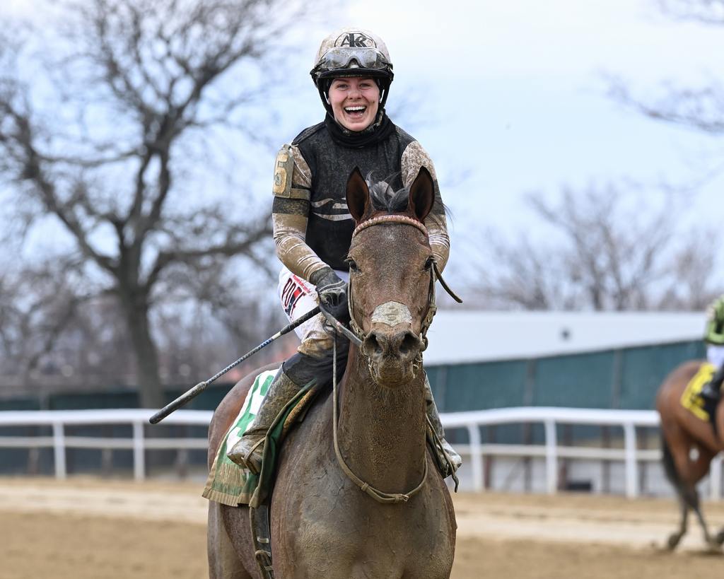 Katie after a dusty ride in the Broadway aboard Funny How. (Chelsea Durand)