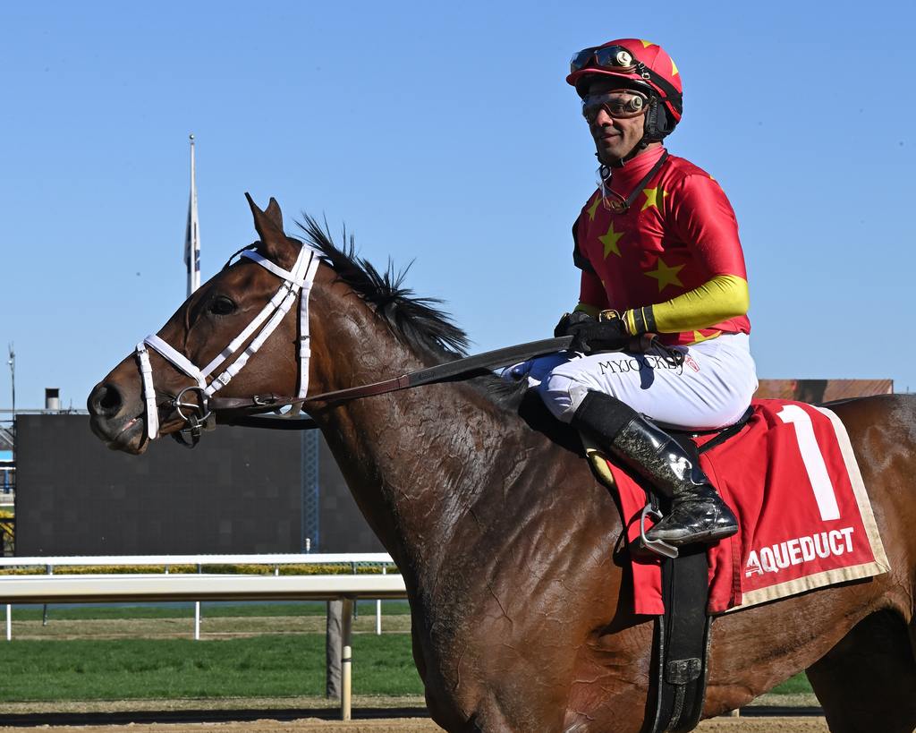 Lezcano smiles broadly after his win aboard Falconet. (NYRA/Coglianese)