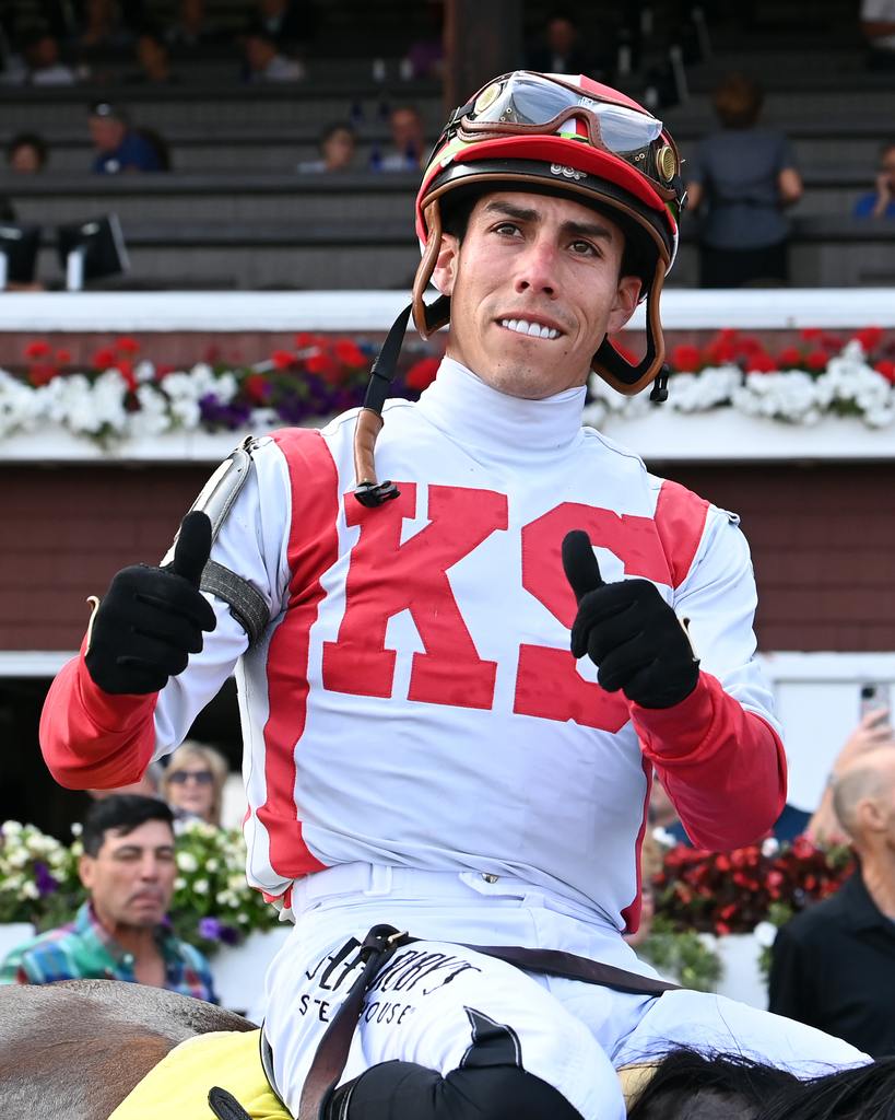 Sporting the Klaravich Stables silks, Irad Ortiz Jr., aboard McKulick at Saratoga after winning the Glens Falls. (Susie Raisher)