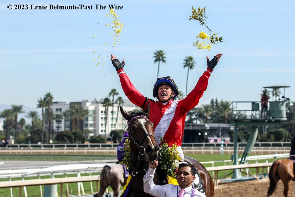 Frankie Dettori gave Inspiral a bullet ride to the finish in the Breeders’ Cup Filly & Mare Turf for trainer John Gosden. (Ernie Belmonte/Past The Wire)