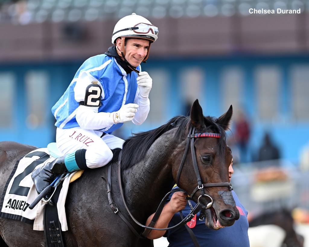 Toupie and jockey Jorge Ruiz after their victory in the Stewart Manor. (Chelsea Durand)