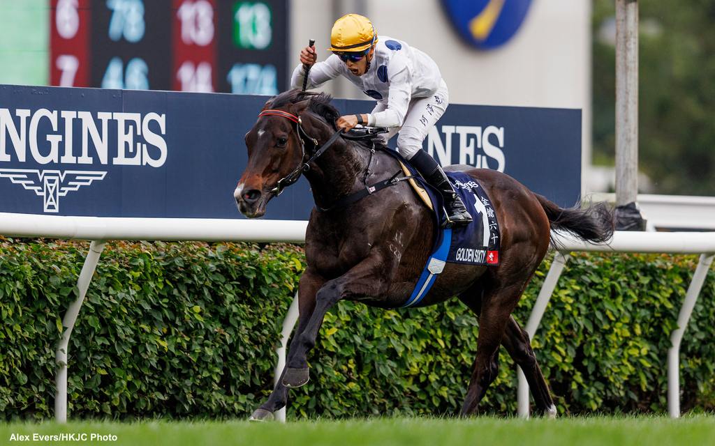 Golden Sixty salutes under jockey Vincent Ho. (Alex Evers/HKJC Photo)