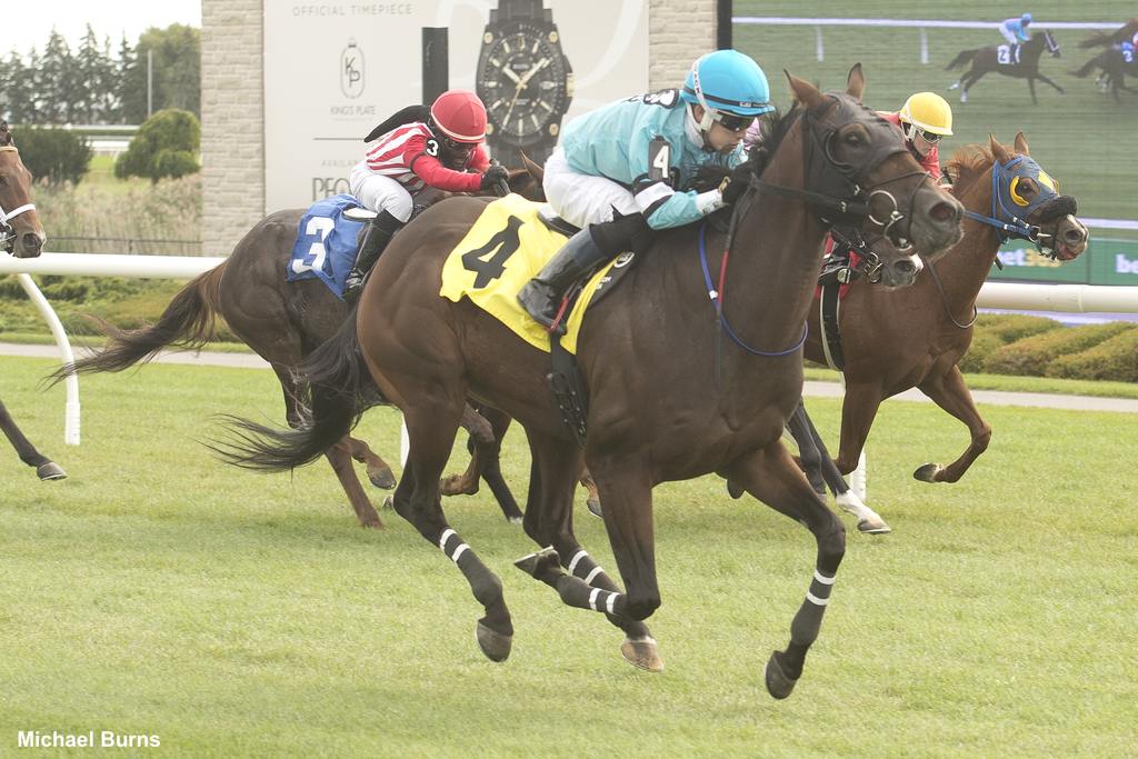 Lulu’s Lullaby and jockey Fraser Aebly winning Race 1 on October 13, 2023 (Michael Burns Photo)