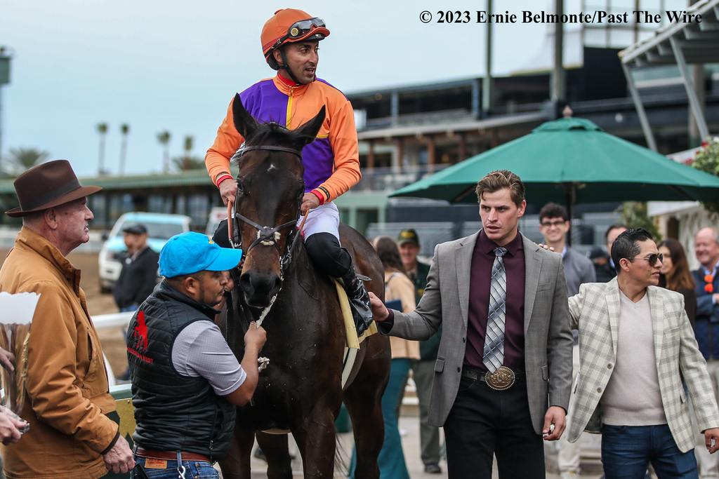 Heading to the winner's circle: Edwin Maldonado aboard the tenacious Ruby Nell. (Ernie Belmonte/Past The Wire)