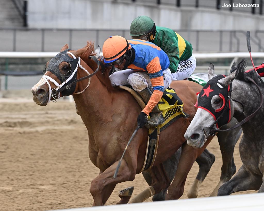 Crupi splits horses on the stretch turn. (Joe Labozzetta) 