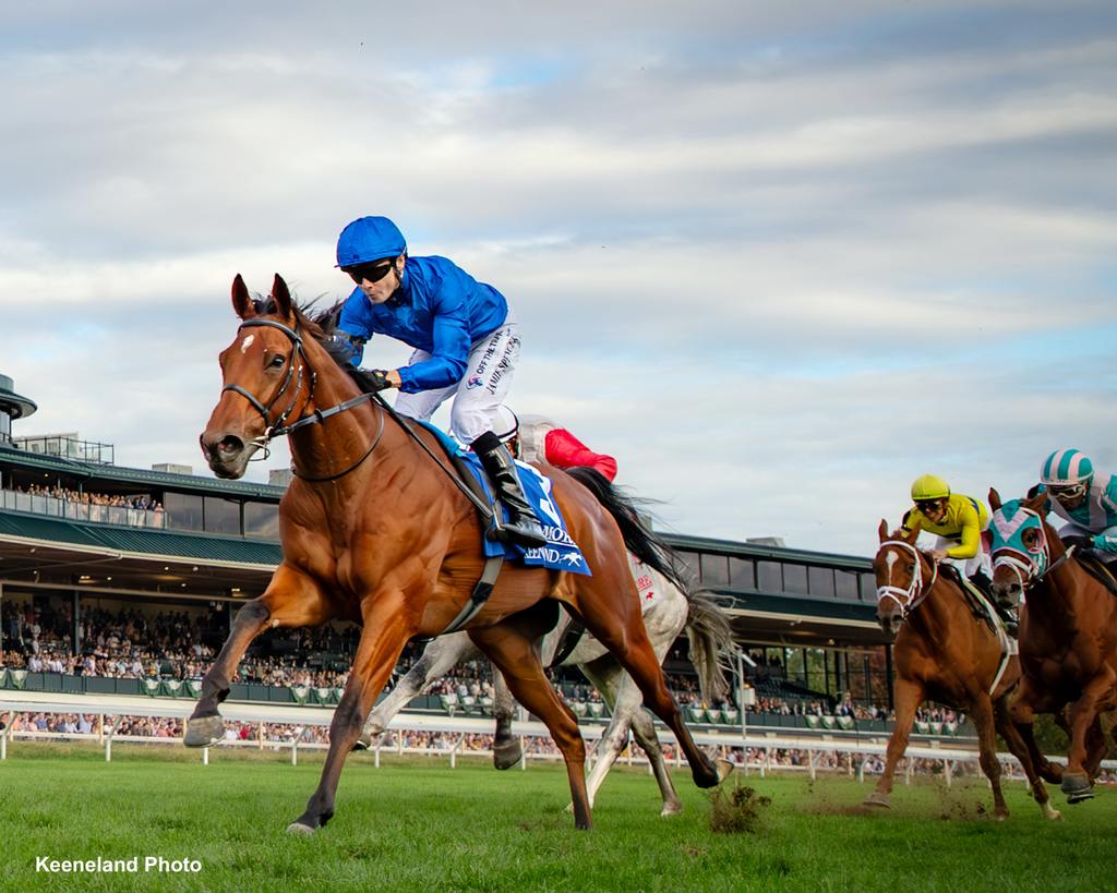 Godolphin homebred Bold Act (IRE) winning the Grade 3 Sycamore, his first American stakes, under Jamie Spencer sporting the Godolphin Silks. (Keeneland Photo)