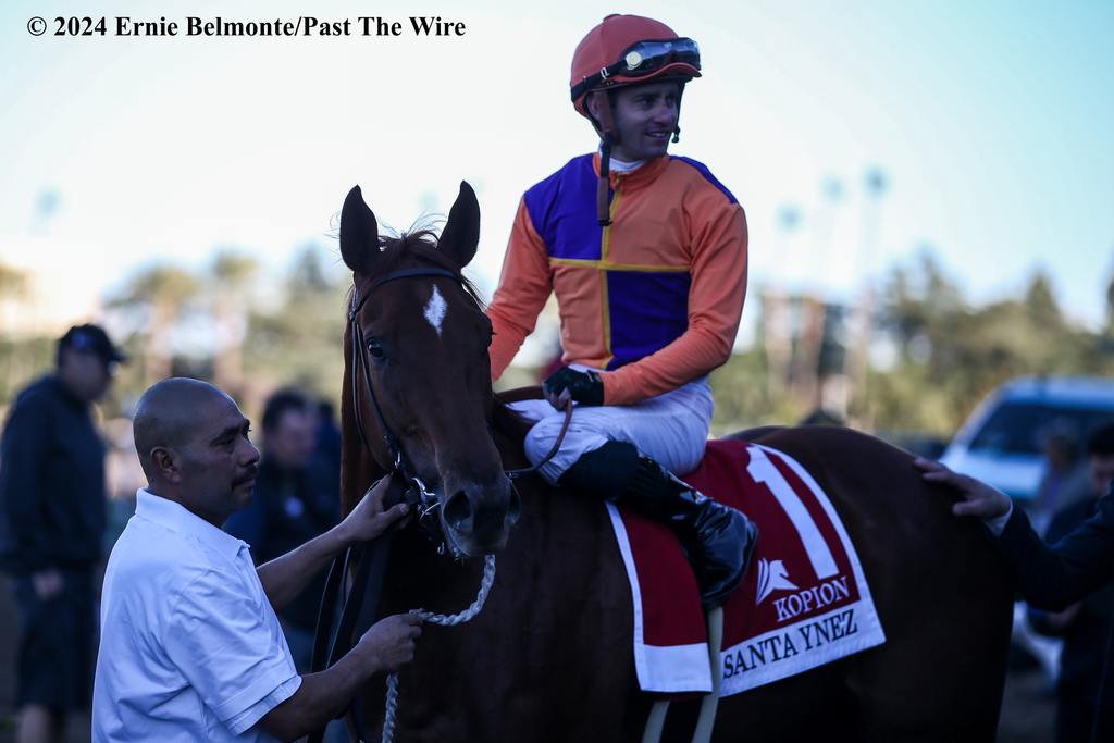 Kopion and Flavien Prat after winning the Santa Ynez at Santa Anita, Ernie Belmonte, Past the Wire