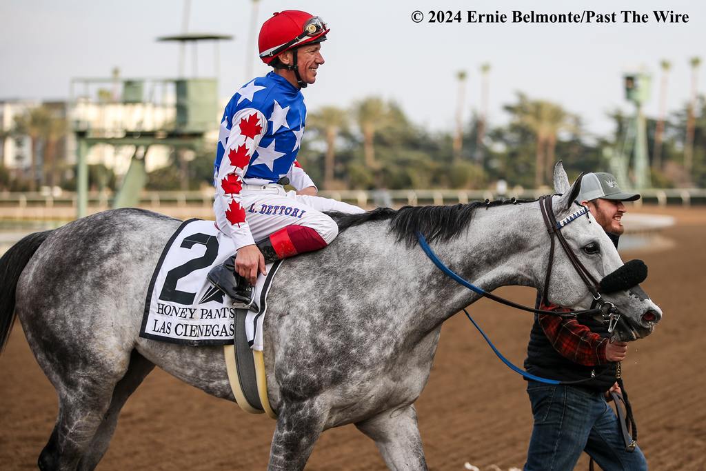 Honey Pants with Dettori up (inside) out games Elm Drive with Flavien Prat in the irons. (Ernie Belmonte/Past The Wire)