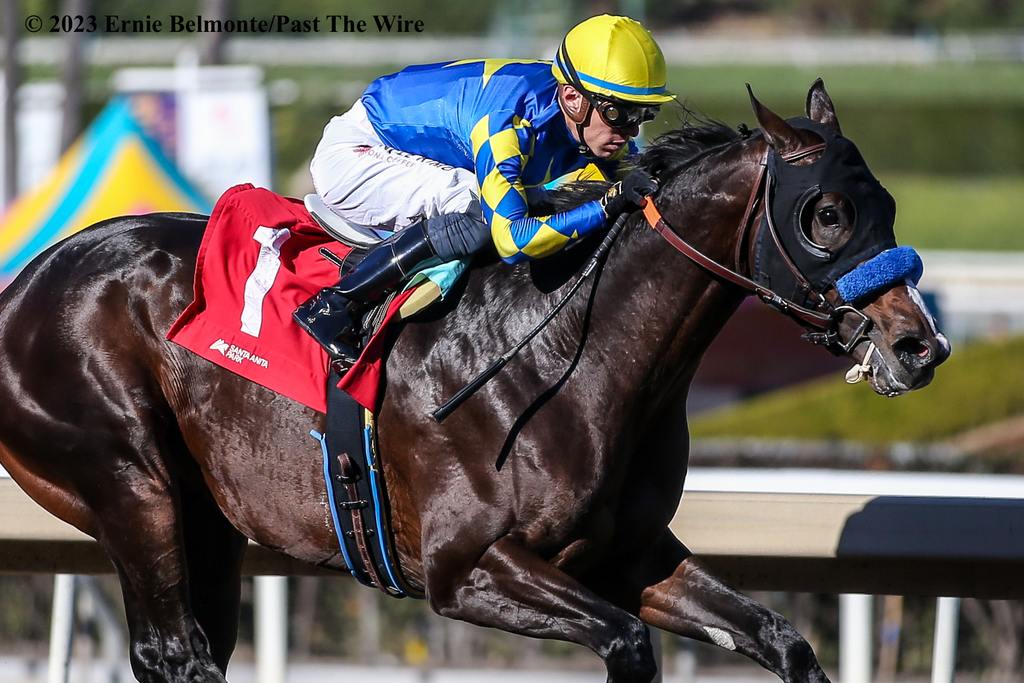 Juan Hernandez doubles on New Years Day with Imagination in Race 4 after scoring on Elegant in Race 1, both trained by Bob Baffert. (Ernie Belmonte/Past The Wire)