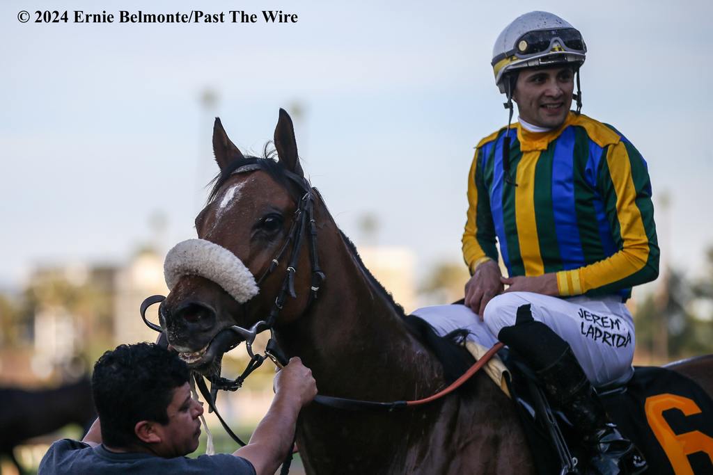 Jeremy Laprida aboard Irideo after their victory. (Ernie Belmonte/Past The Wire)