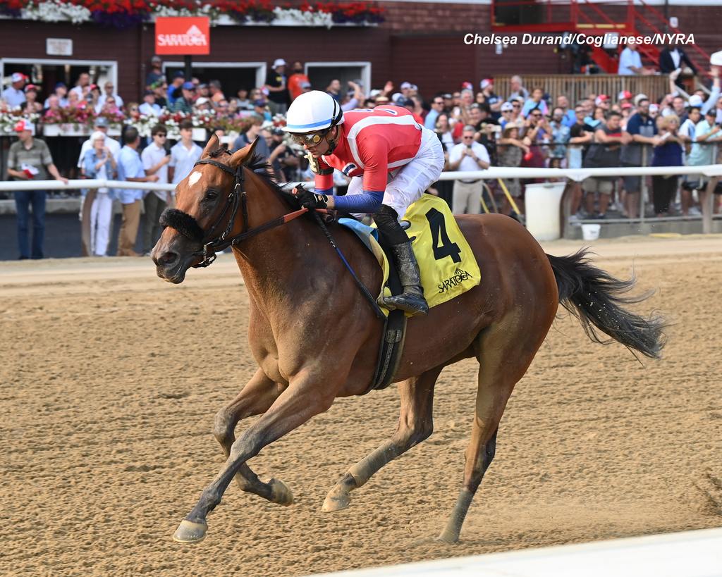 A patient Prat held his charge in mid-pack down the backstretch. (Chelsea Durand)