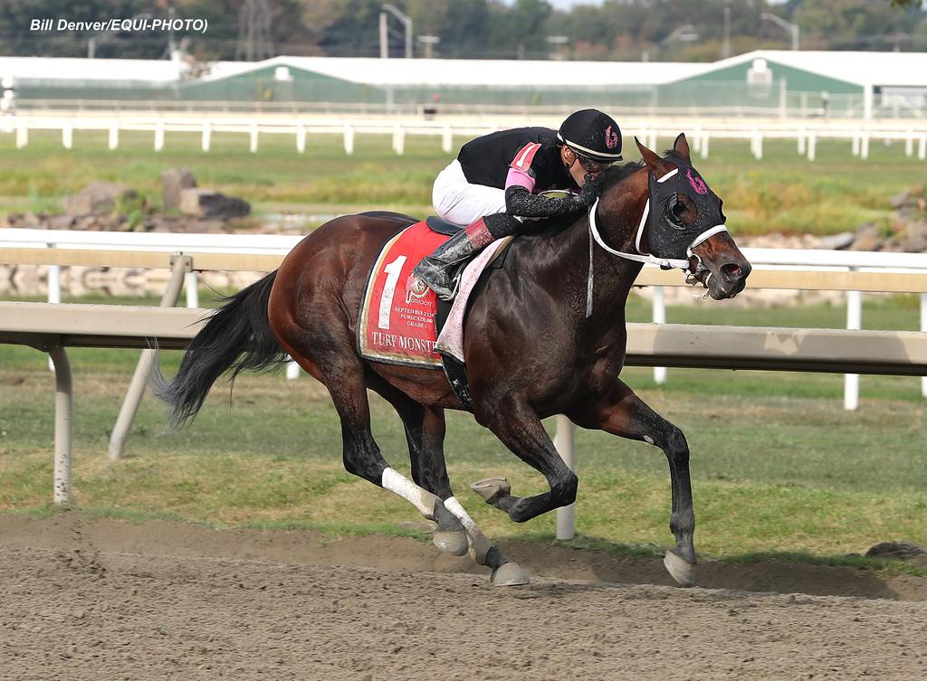 Smooth B #1 with Mychel Sanchez riding won the $250,000 Grade III Turf Monster at Parx Racing in Bensalem, PA on September 21, 2024. Photo by Ryan Denver/EQUI-PHOTO.