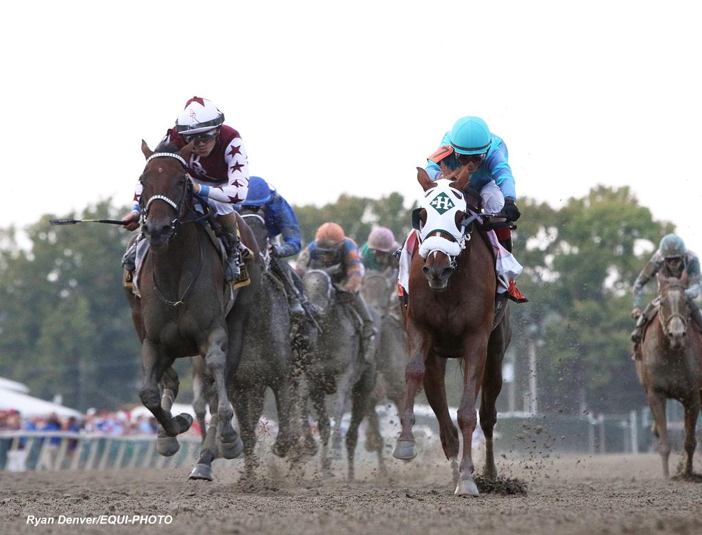 Thorpedo Anna #6 with Brian Hernandez riding won the $1,000,000 Grade I Cotillion Stakes at Parx Racing in Bensalem, PA on September 21, 2024. Second was Gun Song #7 with John Velazquez. Photo by Ryan Denver/EQUI-PHOTO.