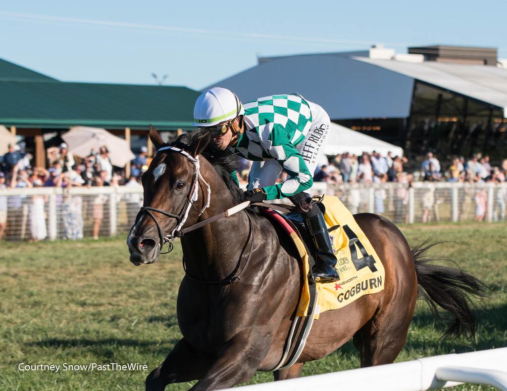 Cogburn one of the fastest turf sprinters around wins over the Kentucky Downs turf course, Courtney Snow, Past the Wire