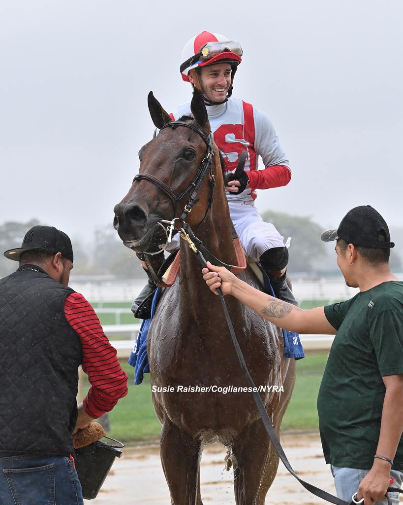 An elated Flavien Prat after the win. (Susie Raisher)