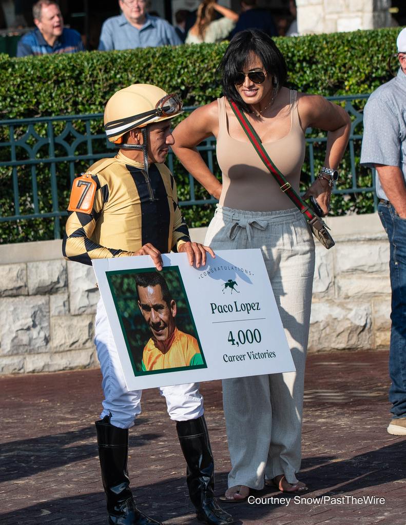 Jockey Paco Lopez scores milestone 4000th career win. (Courtney Snow/Past The Wire)