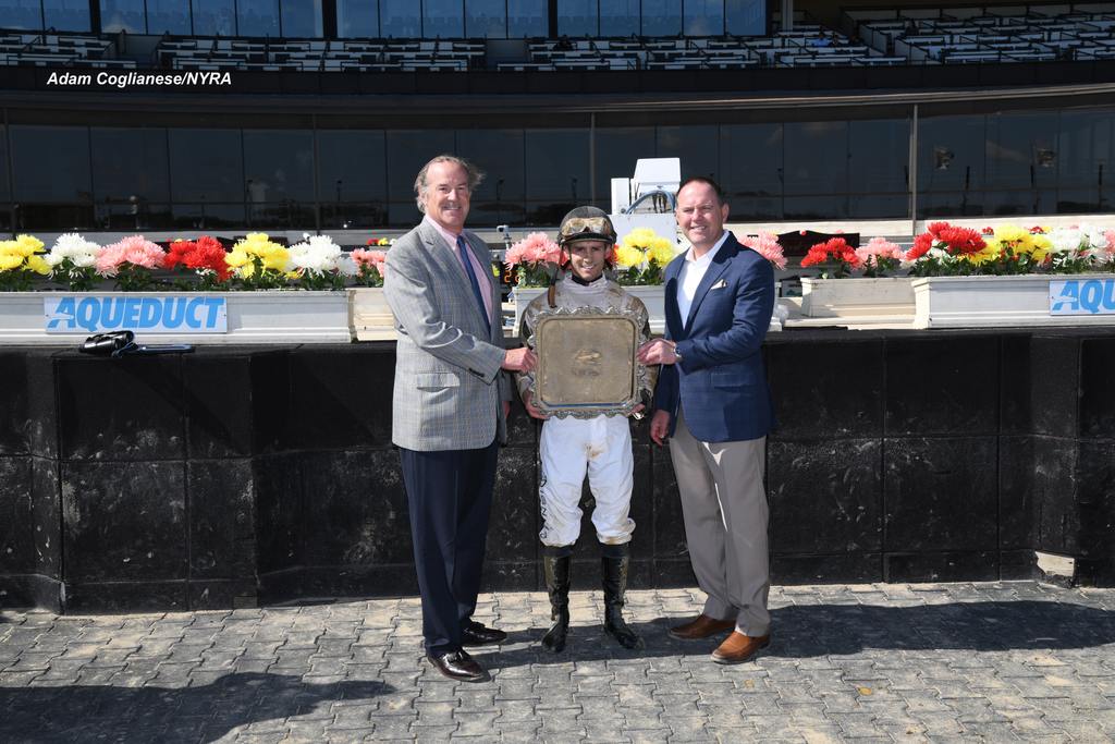 Left to right: Jon Clay, Flavien Prat and Chad Brown. (Adam Coglianese/NYRA)