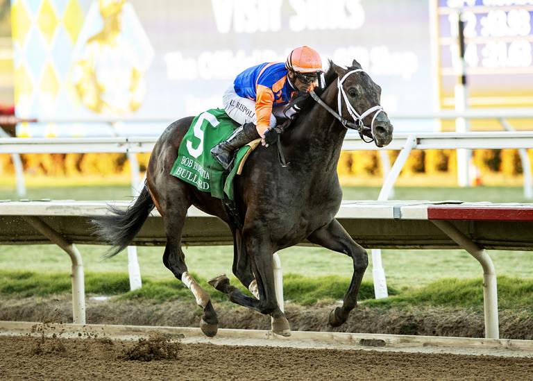 Bullard wins the Bob Hope stakes going last to first under Umberto Rispoli, Benoit Photo