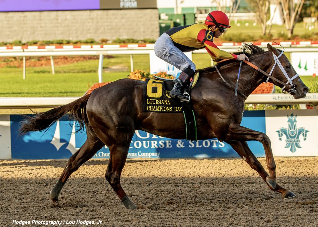 Smoked Wicked with Colby Hernandez aboard wins the 34th running of the Louisiana Champions Day Juvenile at Fair Grounds. (Hodges Photography/Lou Hodges, Jr.)