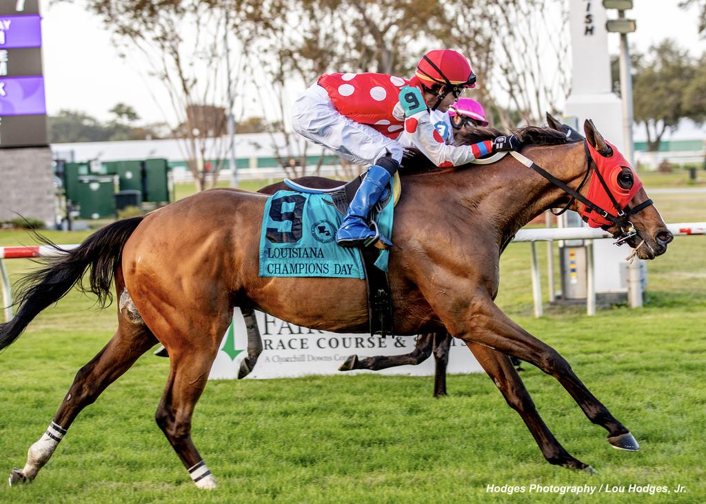 Woods N Water puts his nose in front of Behemah Star to win the 34th running of the $100,000 Louisiana Champions Day Turf at Fair Grounds. (Hodges Photography/Lou Hodges, Jr.)