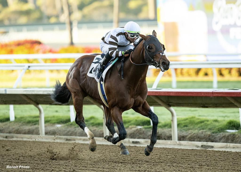 Kazushi Kimura fired his mount Big City Lights past a pair of dueling leaders, then went on to score a smashing eight and one-half length victory Saturday at Del Mar in the $100,000 Cary Grant Stakes. (Benoit Photo)