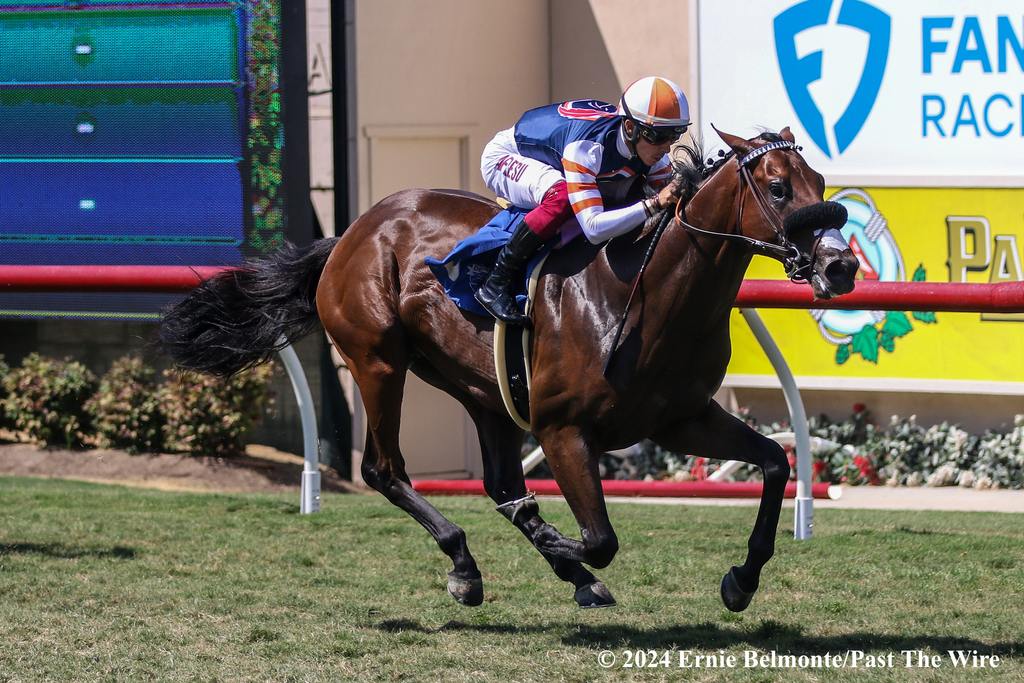 Little Red Feather Racing and Madaket Stable’s Iron Man Cal (named for Baseball Hall of Fame Cal Ripken) breaking his maiden at Del Mar Sept. 7, 2024. (Ernie Belmonte/Past The Wire)