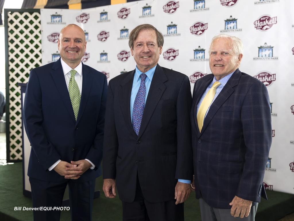 (L to R) Monmouth Park Racetrack Management John Heims, General Manager; Dennis Drazin, CEO and Chairman of Darby Development, LLC, the operator of Monmouth Park & Bill Anderson Vice President at the Monmouth Park Opening Day Press Conference. (Bill Denver/EQUI-PHOTO)