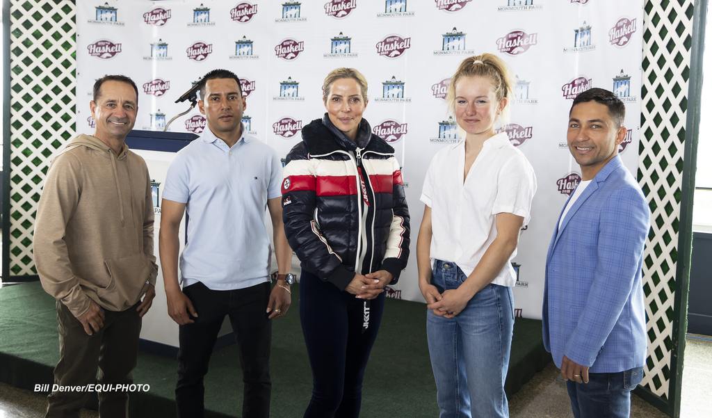 A few of the jockeys that will comptete at the upcoming Monmouth Park Meet are (L to R) Joe Bravo, Jorge Gonzalez, Jr., Chantal Sutherlands, Madison Olver and Sonny Leon. (Bill Denver/EQUI-PHOTO)