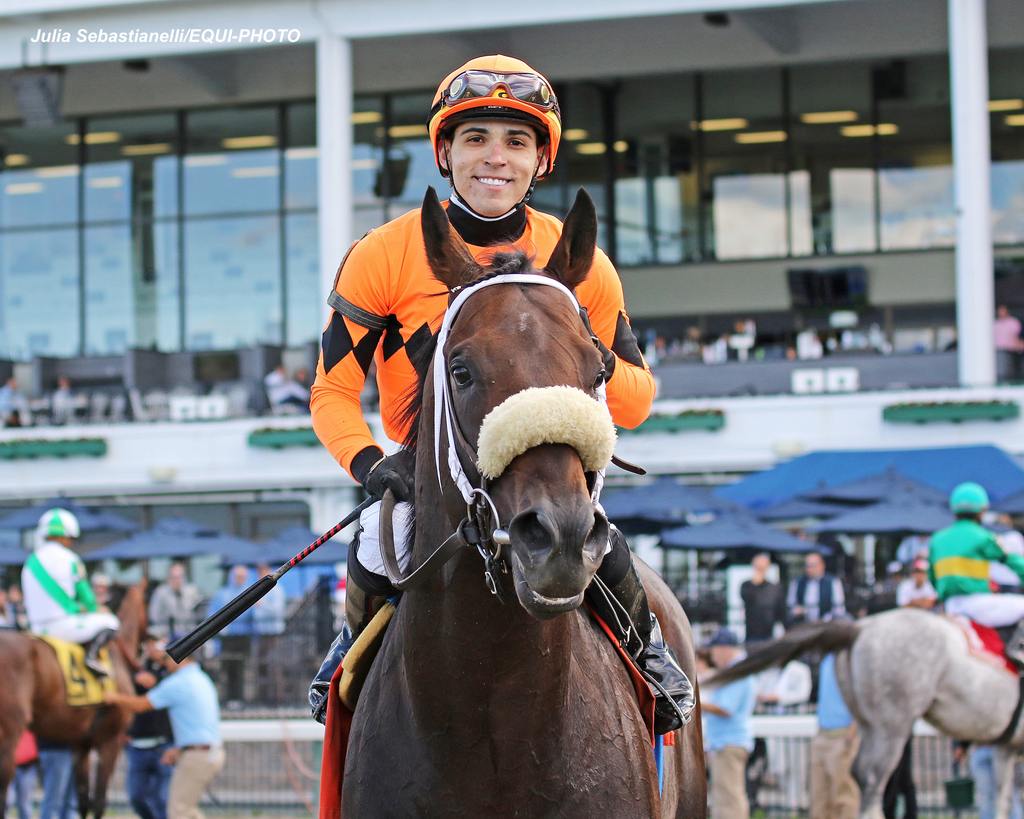 Concepcion gets his first stakes win. (Julia Sebastianelli/EQUI-PHOTO)