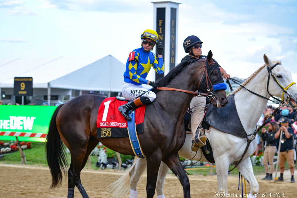 Goal Oriented andFlavien Prat begin the 150th Preakness post parade and last at the current Pimlico. (Barbara Singer/Past The Wire)