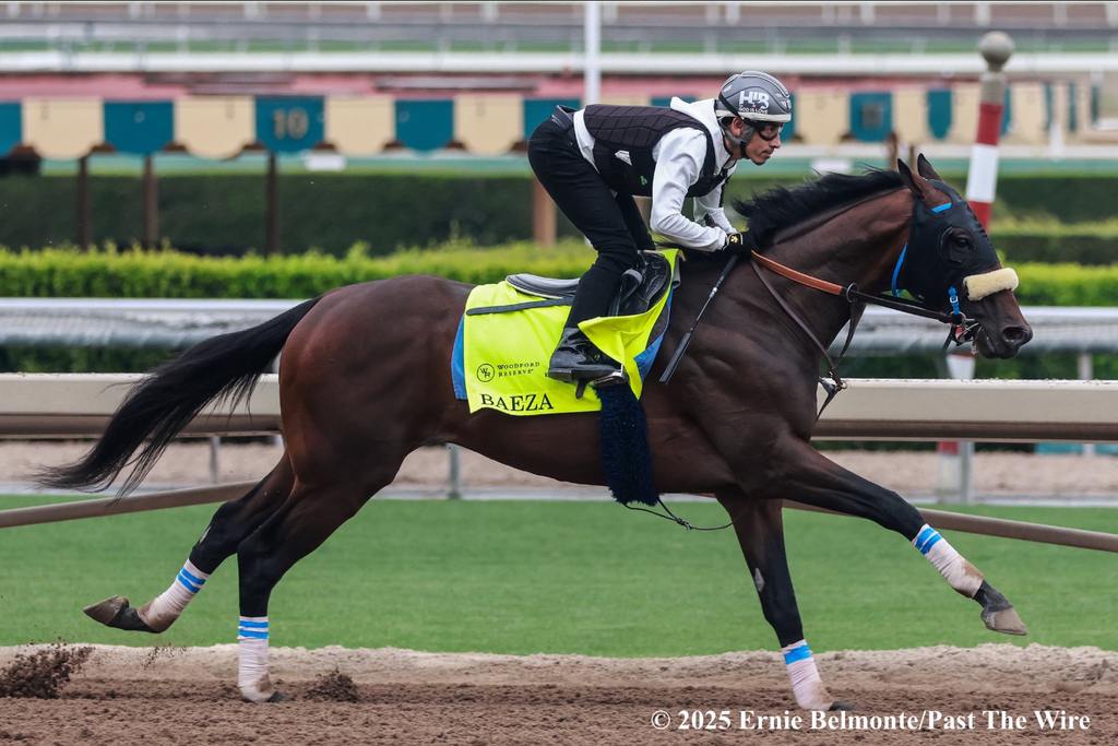 Baeza training at Santa Anita for a potential start in The Belmont Stakes at Saratoga, Ernie Belmonte, Past the Wire