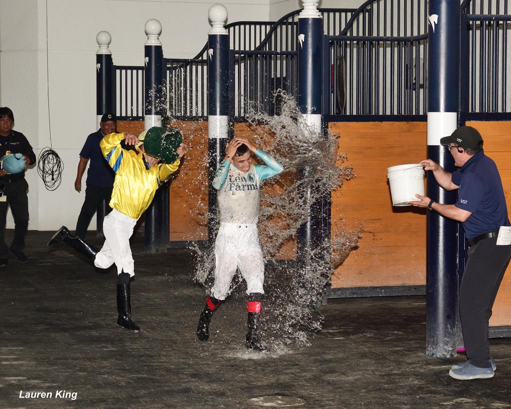The traditional celebration for a jockey breaking his/her maiden. (Lauren King)
