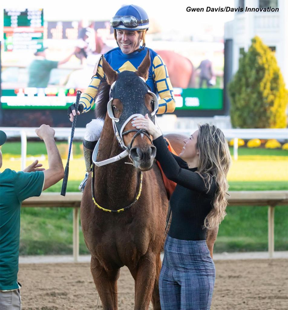 Trainer Brittany Vanden Berg and her husband, jockey Chris Emigh, after Like a Saltshaker is declared the winner of the Claiming Crown Rapid Transit. (Gwen Davis/Davis Innovation photo)