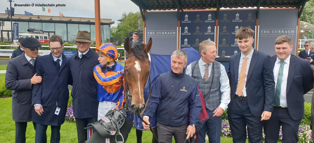 Winning connection greet Lake Victoria in the winner's circle at The Curragh. (Breandán Ó hUallacháin photo)