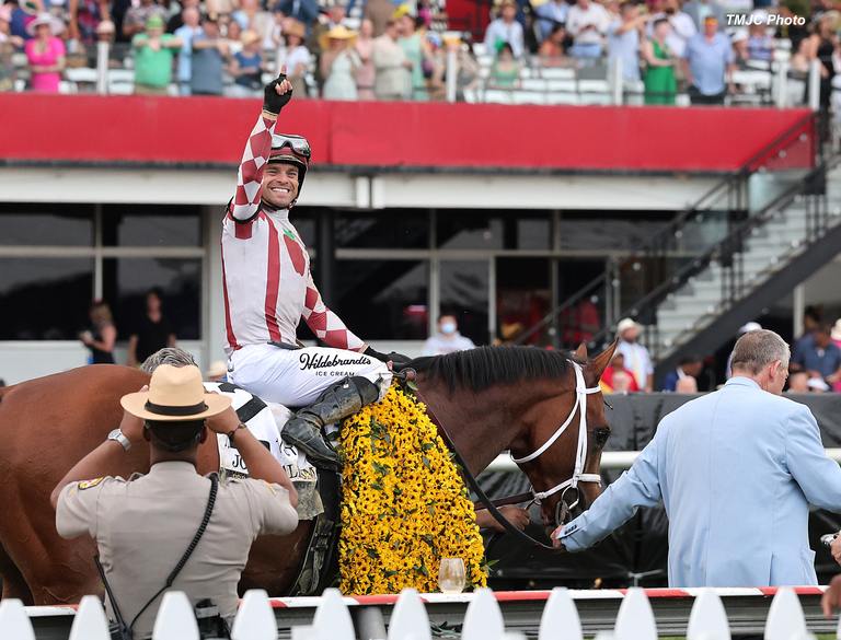 Derby runner-up Journalism powers to thrilling victory in 150th Preakness Stakes (G1) with West Coast based jockey Umberto Rispoli aboard. (Bill Denver/TMJC Photo)