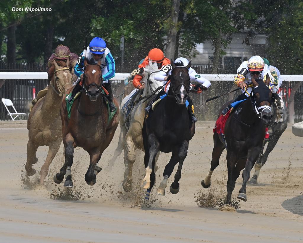 Book’em Danno (Blue Cap outside) swings wide to take the lead. (Dom Napolitano)