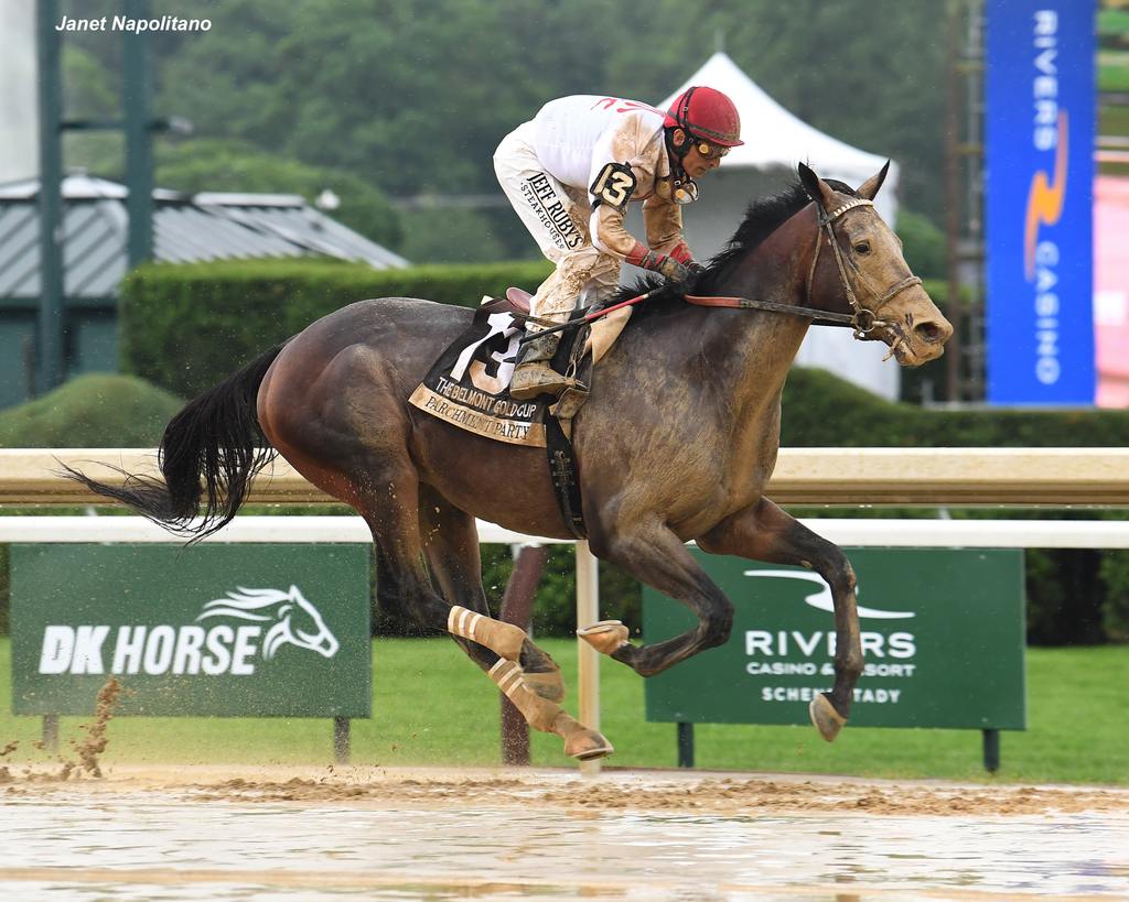 Parchment Party splashes to the win in the Belmont Gold Cup. (Janet Napolitano)