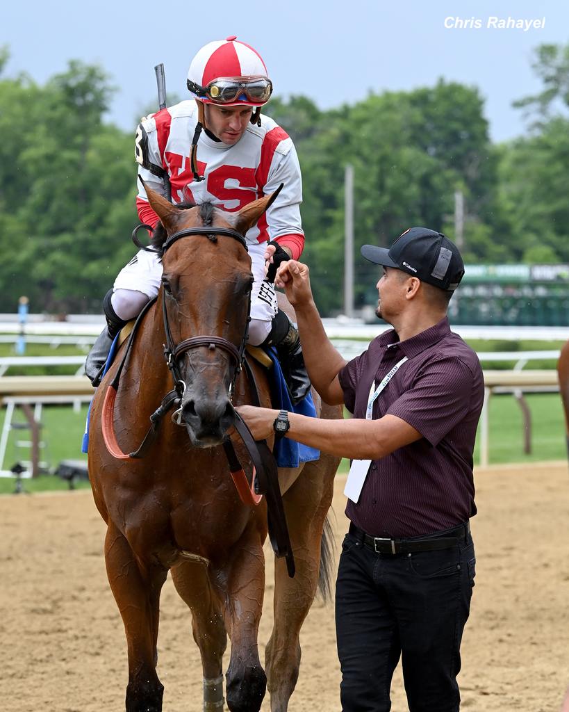 Flavien Prat sports the Klaravich silks aboard Ways and Means. (Chris Rahayel)