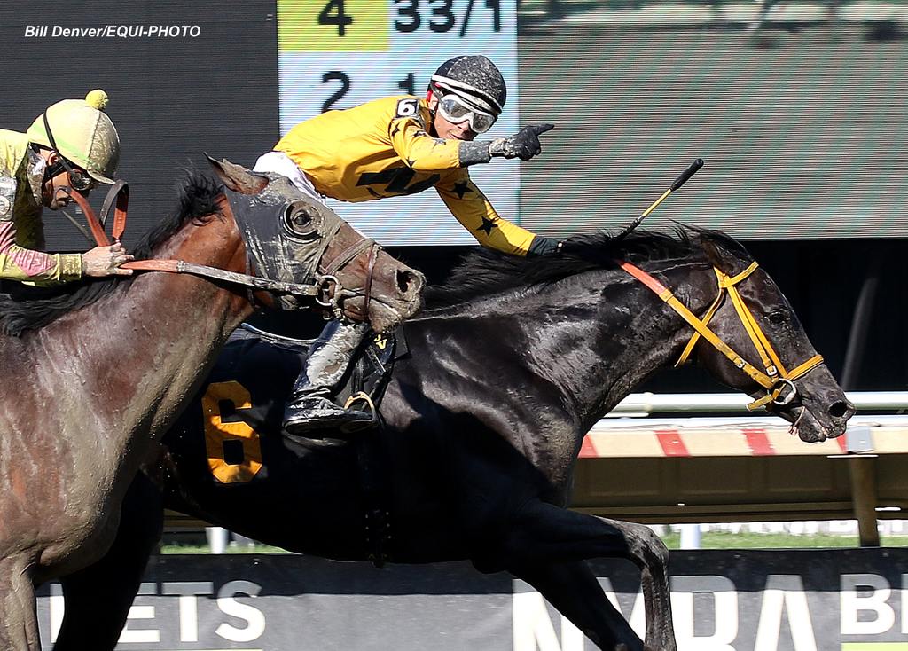 Jockey Jorge A. Vargas, Jr. scores his 1,000th career victory in the last race at Monmouth Park Racetrack in Oceanport, NJ on Friday July 4, 2025 aboard Gran Yaco. Photo By Bill Denver/EQUI-PHOTO