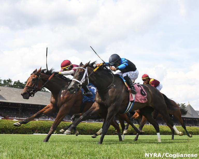 Deep Satin (#3) gamely scores the first division of the De La Rose. (Adam Coglianese/NYRA)