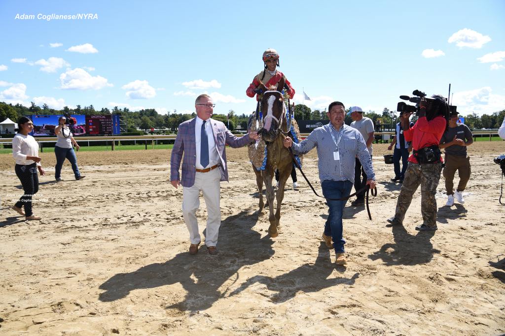 Antiquariam and connections head to the winner’s circle. (Adam Coglianese/NYRA)