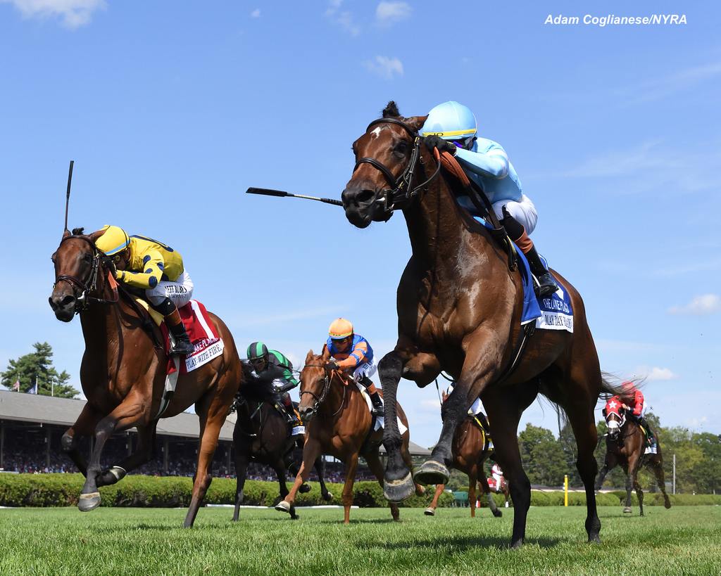 May Day Ready (inside) staves off challengers. (Adam Coglianese/NYRA)