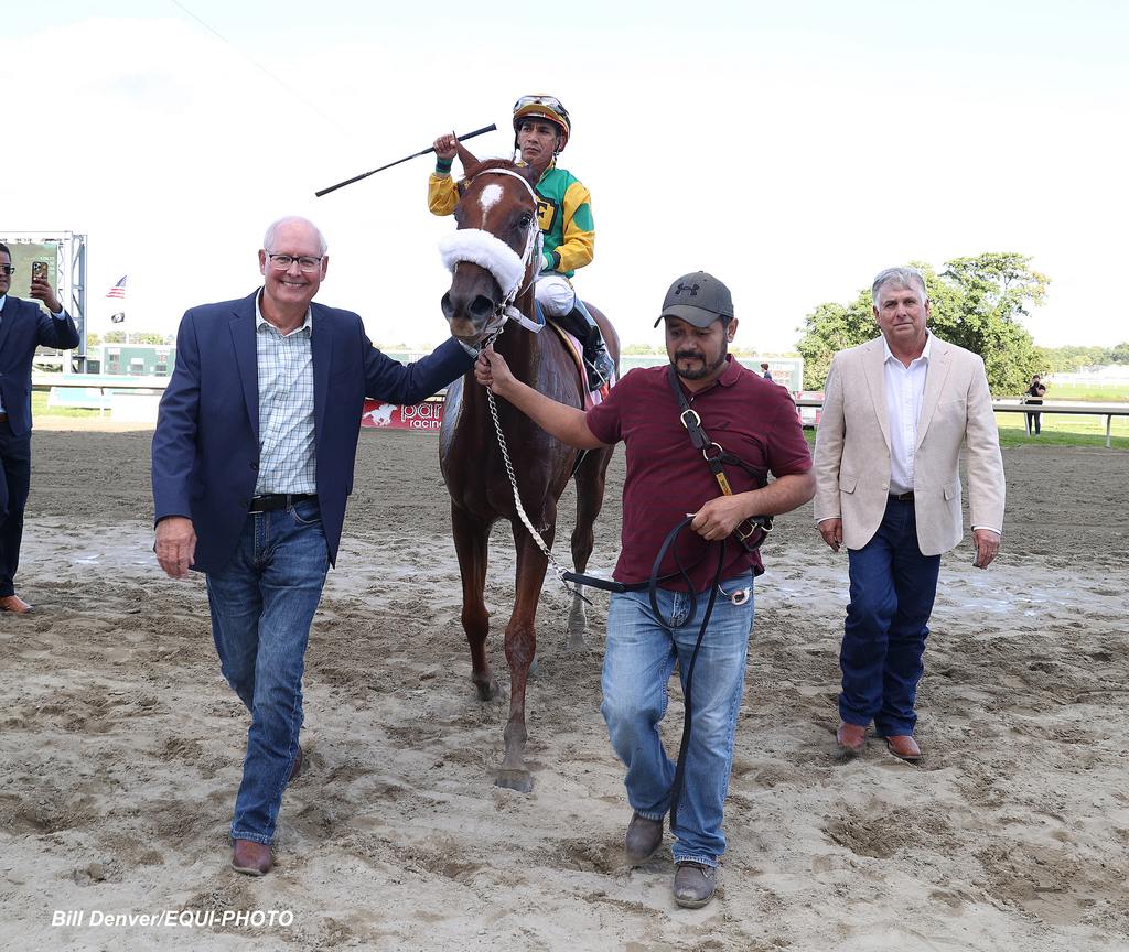 Owner James Thares (left) and trainer David VanWinkle (right) celebrate Mad House’s victory in Saturday’s $400,000, Grade 2 Gallant Bob Stakes at Parx Racing. (Bill Denver/EQUI-PHOTO_