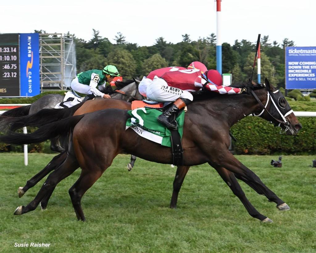 #5 Fionn, with Flavien Prat up, nosed out Nitrogen to take the Grade 1 Belmont Oaks. (Susie Raisher)
