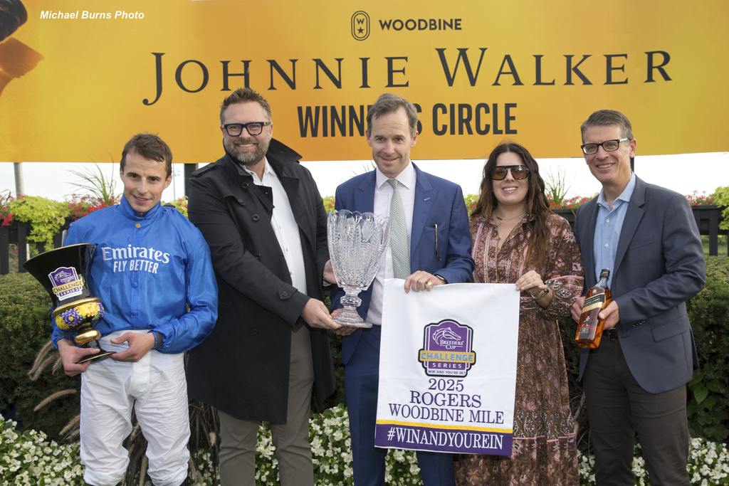 Connections of Notable Speech (GB) and Woodbine CEO Michael Copeland after winning the Rogers Woodbine Mile (G1) on September 13, 2025. (Michael Burns Photo)