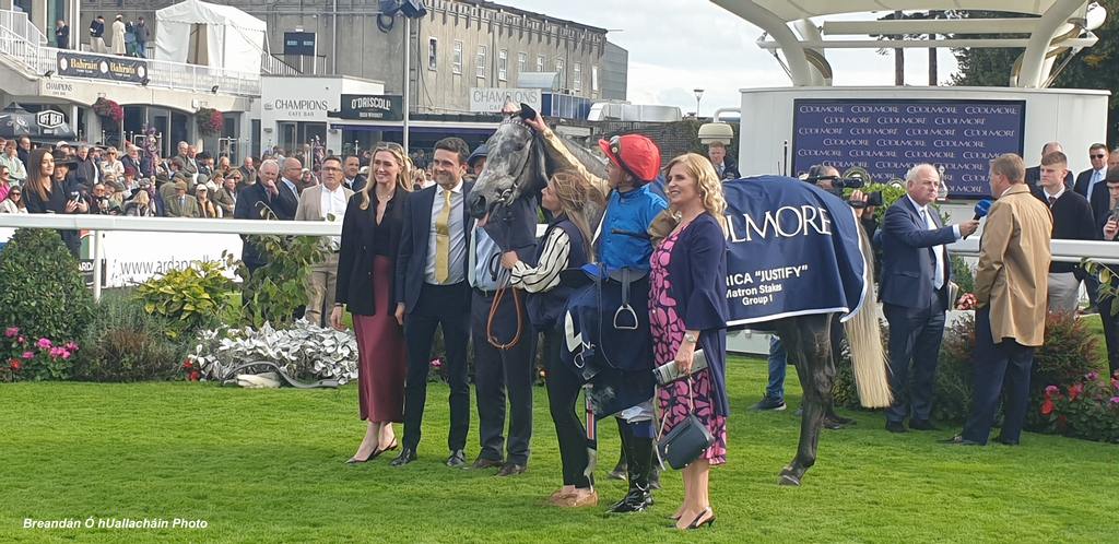 Fallen Angel surrounded by delighted winning connections. (Breandán Ó hUallacháin Photo)