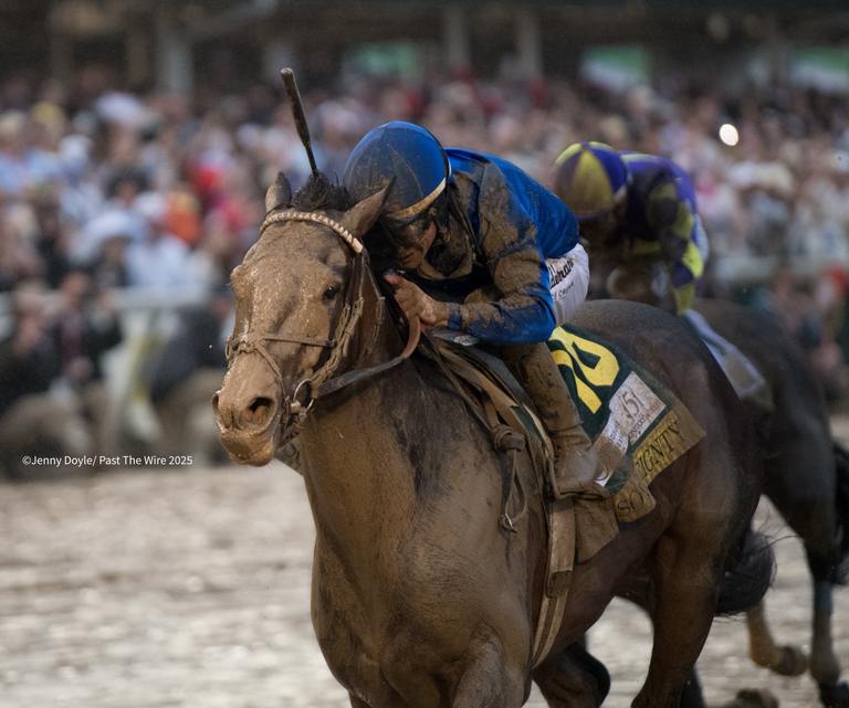 Sovereignty scoring a sloppy Kentucky Derby victory. (Jenny Doyle/Past The Wire)
