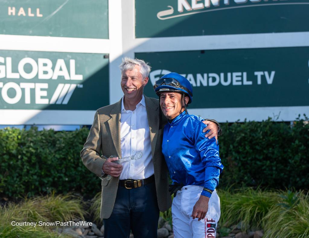 Michael Banahan, director of bloodstock for owner-breeder Godolphin USA (left) and Junior Alvardo. This was jockey Alvarado's first win of the 2025 Kentucky Downs meet. (Courtney Snow/Past The Wire)
