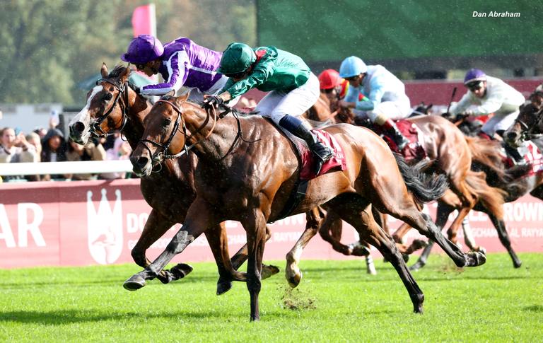 Daryz and Mickael Barzalona (green and red) deny Minnie Hauk victory. (Dan Abraham Photo)